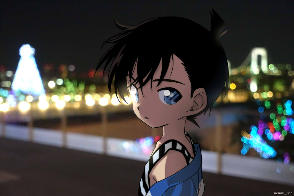 Stylised portrait of a young Detective Conan, without his signature glasses, looking at the viewer with an almost languor that promises really well. Almost raised eyebrows as he catches your glance. He’s wearing a black and white striped tank, and a blue sweater that matches his eyes falls off his shoulder. It’s the pier at night. The Christmas lights of the bridge reflect in his eyes and give his face a soft glow…