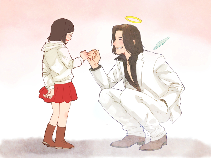 An illustration of a young man in a white suit kneeling down and fist-bumping a young girl in a white sweater and scarlet skirt. The man is grinning. He has a halo and little angel wings. The girl is laughing too, with a single teardrop on her cheek.