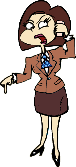Caricature of the mom, after Charlotte McSell-Pickles. Straight, neat, sharply cut dark chestnut hair, a tan suit, dark brown skirt, black pumps. Making an assertive call on her rose gold iPhone.