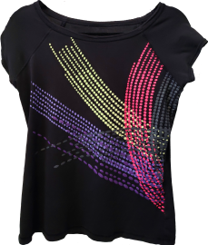 A black tee with a wide scoop neck. Arches and rays of dots are painted on it, in asphalt grey, flamingo pink, neon green, ube purple, and violet. Comes across as a very energetic shirt.