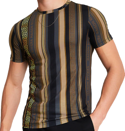 Muscle-fit tee with vertical stripes in black, dark night grey, burnished bronze, khaki, with a shining golden meandros descending from one’s right shoulder and a lesser bronze meandros on the left. The words “Maison Riviera” in all capitals are printed in bronze on dark night grey stripes on the left flank, and next to the greater golden meandros. The neck and sleeves are offset to the main pattern.