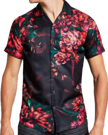A black viscose shirt with Cuban collar, large crimson camellias printed and spaced conservatively from each other. Smaller, dark green leaves complement the camellias. Nice sheen.