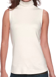 A cream sleeveless top that descends and hugs around the hips, with a mockneck collar. Simple and shows the arms.