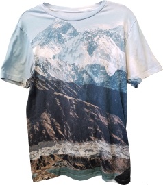 Muscle-fit tee with a print of an icy mountain landscape at  the top, with barren cocoa brown mountains in front and a turquoise lake in the foreground.