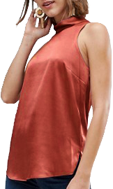 A sleeveless, copper chiffon top that reveals the underarm nicely, with a rollneck. The hem descends past the hips, and the back covers the butt nicely. Coquettishly modest.