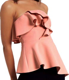 A pink bandeau top that curves up in an arch up the sternum, the bust is covered in descending large frills that terminate at the waist, and the skirt slants down to one’s left with large, elegant folds.